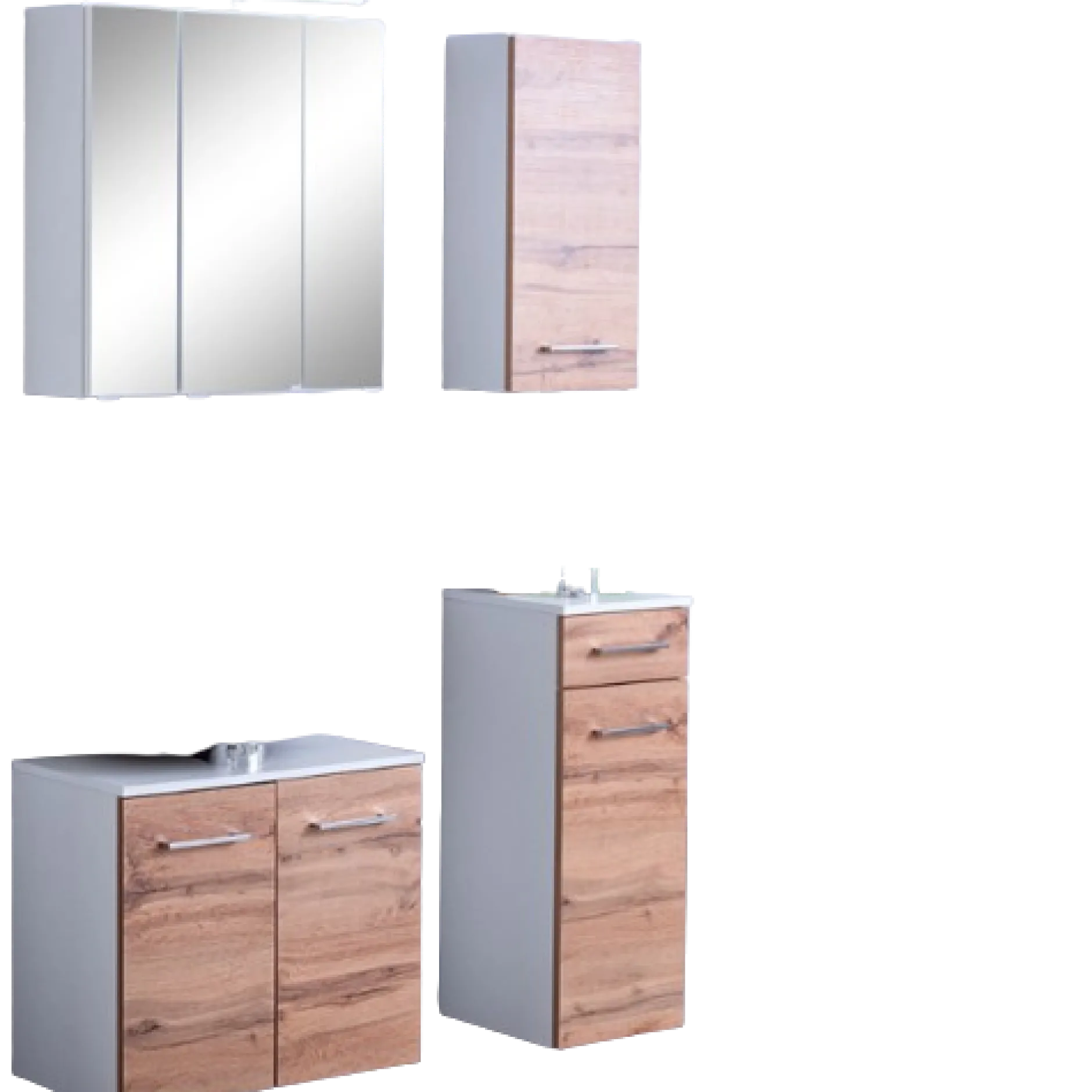ParesBadezimmer : Spiegelschrank, Waschtischunterschrank, Hängeschränke - Eiche/Weiß