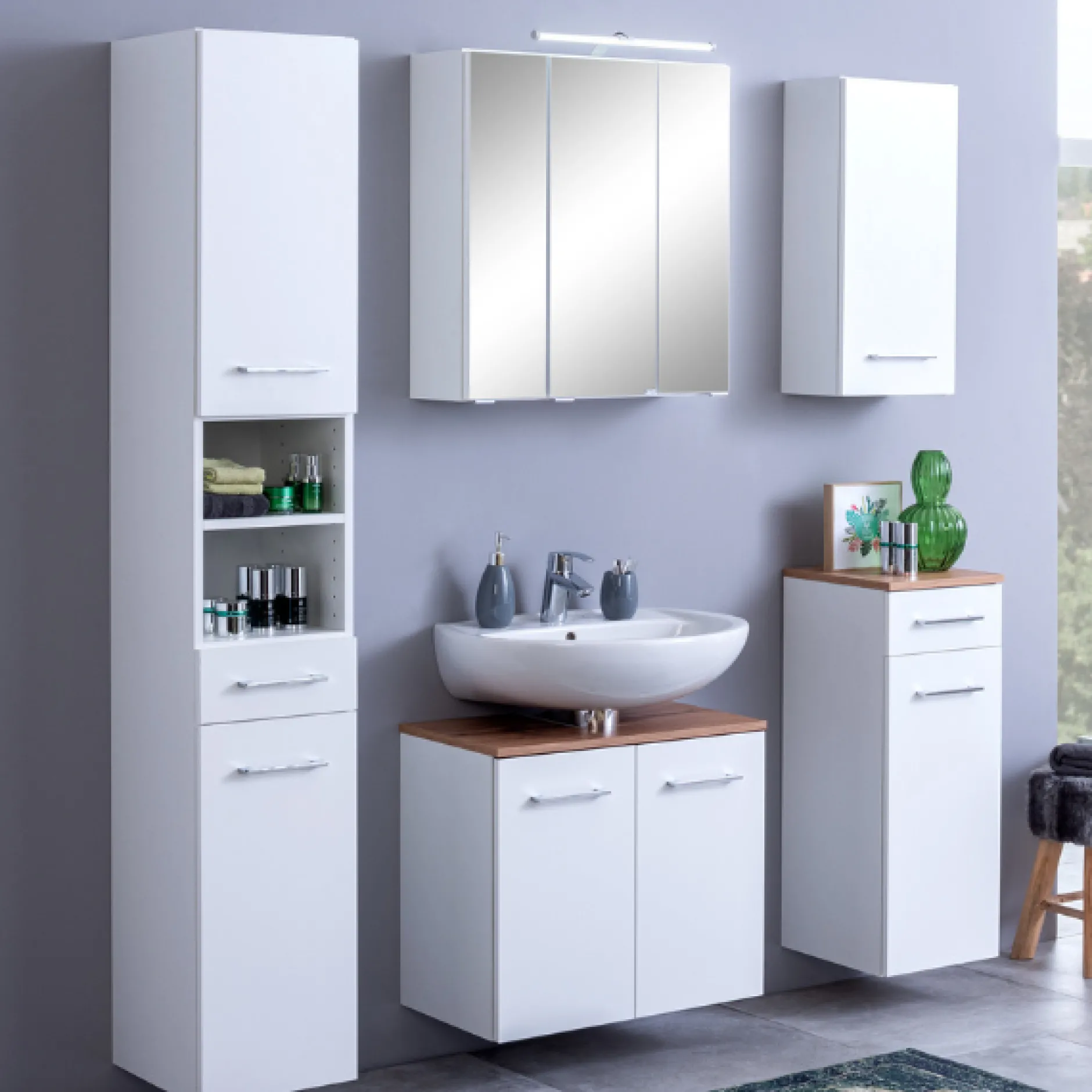 ParesBadezimmer : Säulenschrank, Spiegelschrank, Waschbeckenunterschrank, Hängeschränke - weiß