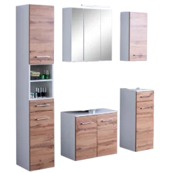 ParesBadezimmer : Säulenschrank, Spiegelschrank, Waschtischunterschrank, Hängeschränke - Eiche/Weiß