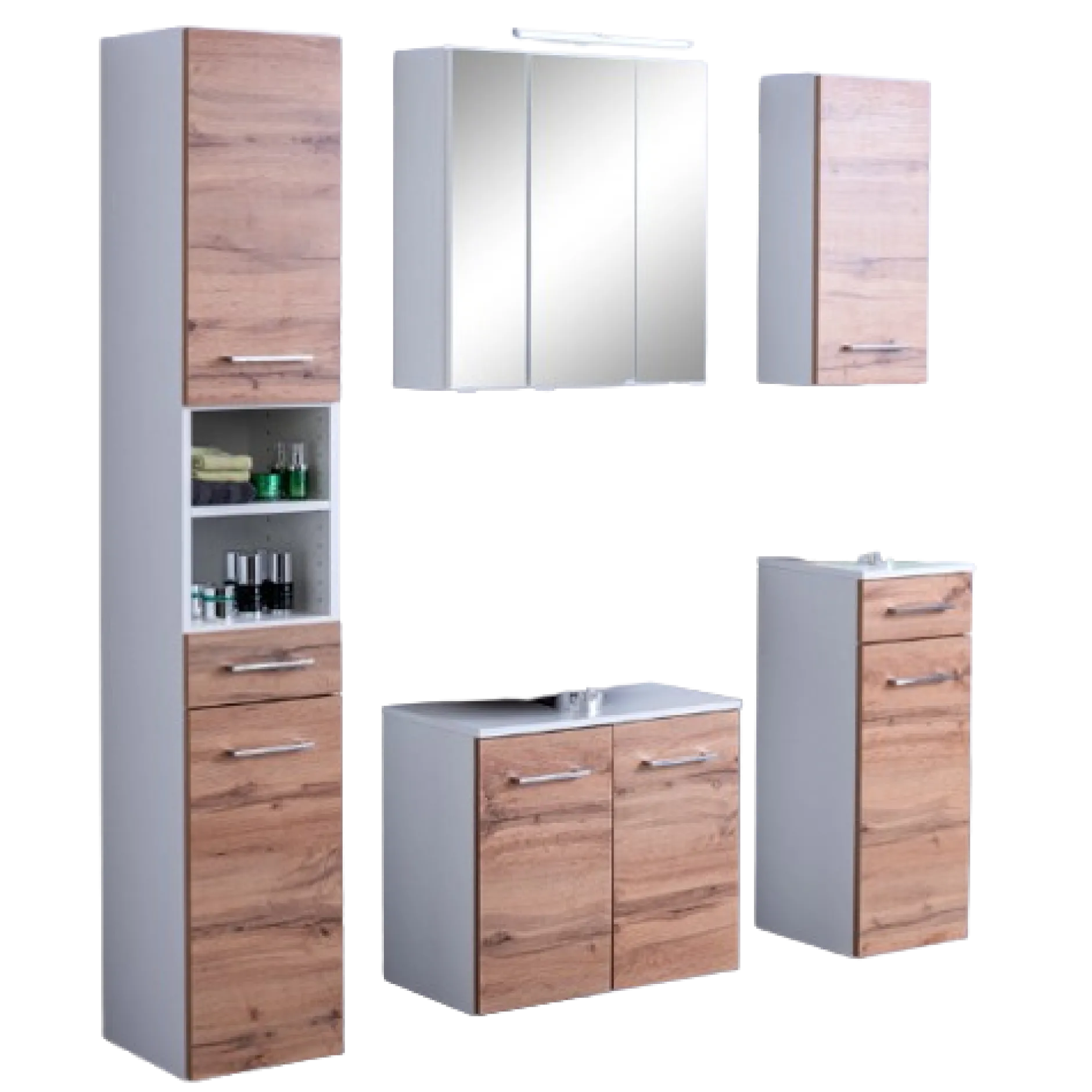 ParesBadezimmer : Säulenschrank, Spiegelschrank, Waschtischunterschrank, Hängeschränke - Eiche/Weiß