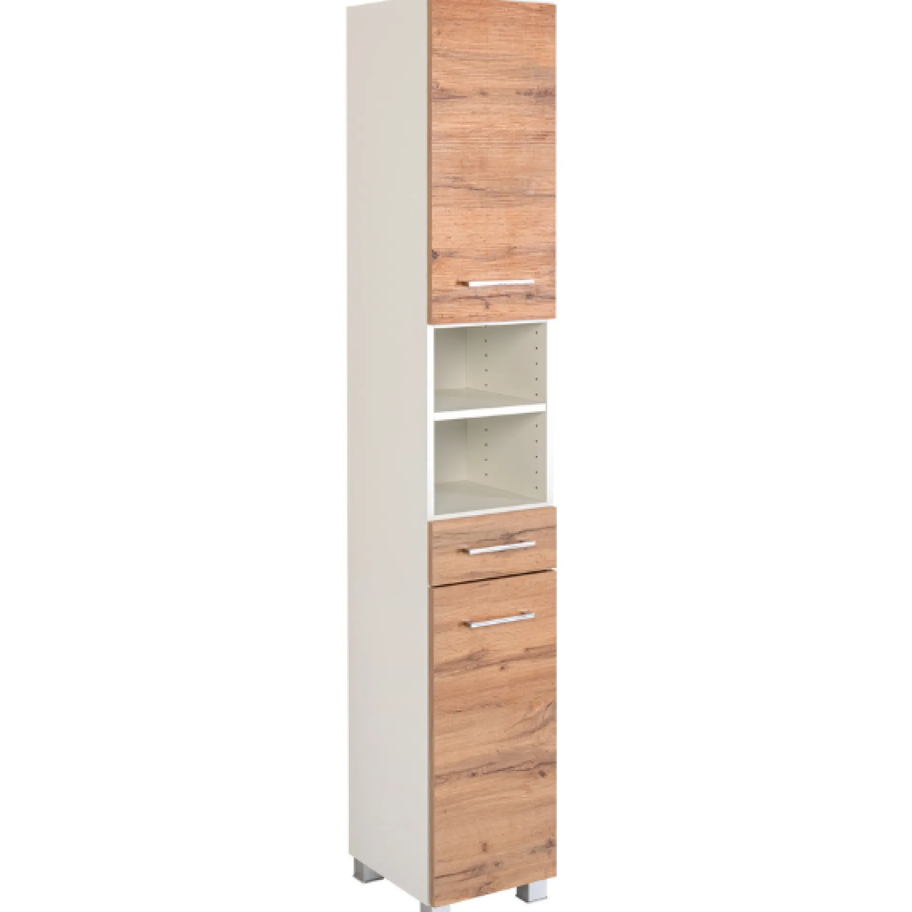 ParesBadezimmer : Säulenschrank, Spiegelschrank, Waschtischunterschrank, Hängeschränke - Eiche/Weiß