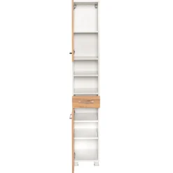 ParesBadezimmer : Säulenschrank, Spiegelschrank, Waschtischunterschrank - Eiche/Weiß