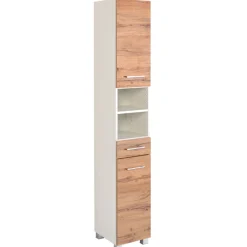 ParesBadezimmer : Säulenschrank, Spiegelschrank, Waschtischunterschrank - Eiche/Weiß