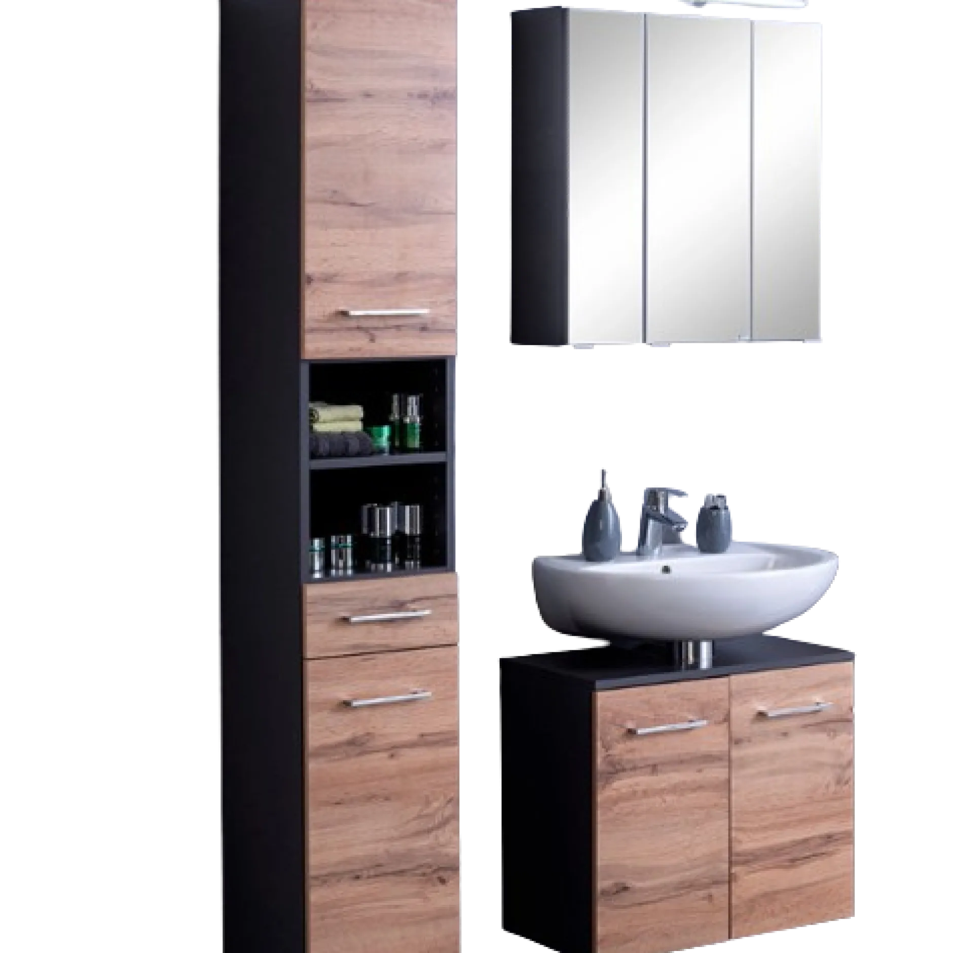 ParesBadezimmer : Säulenschrank, Spiegelschrank, Waschtischunterschrank - graphit/gelb