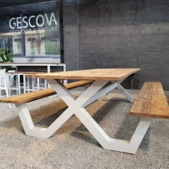 Picknicktisch Charles Gescova - Aluminium Weiß, Teak - 280x100 cm - Braun/Weiß