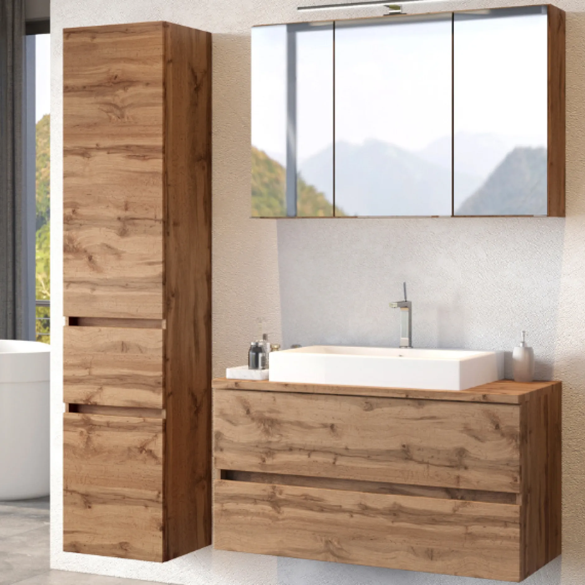 PiscaBadezimmer : Spiegelschrank, Waschtischschrank, Säulenschrank - Eiche Dekor