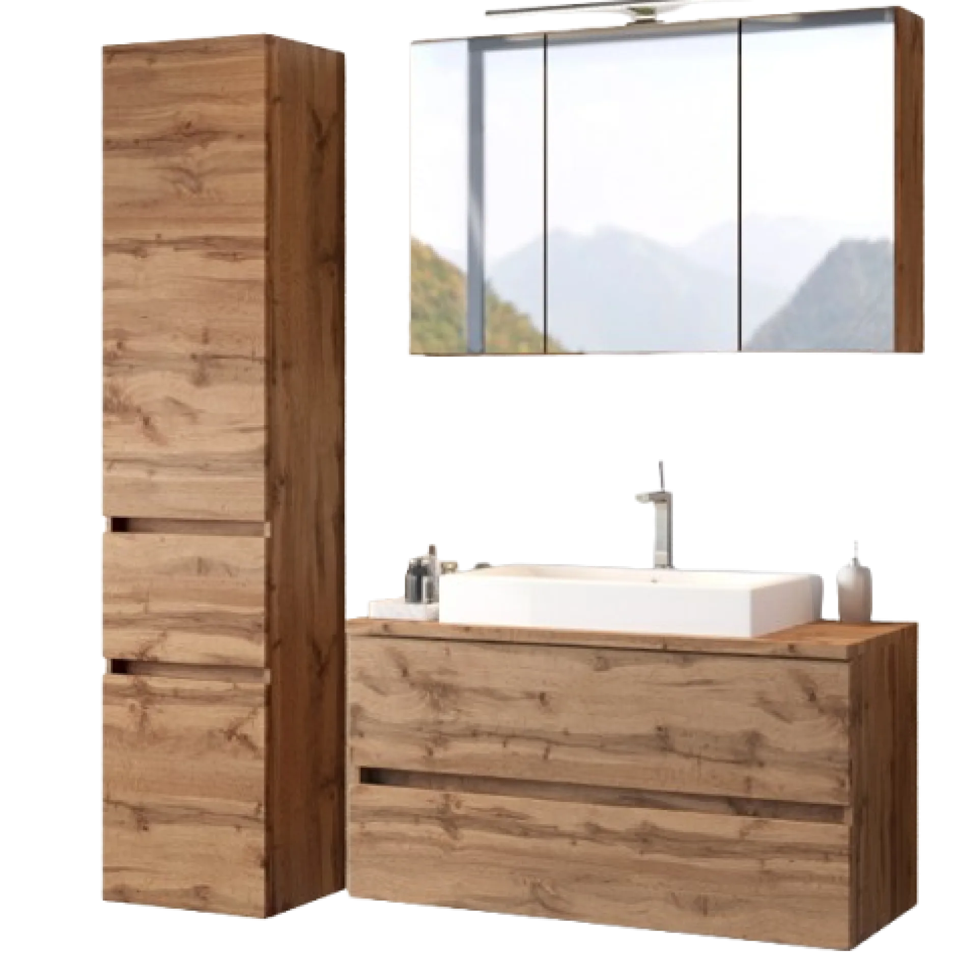 PiscaBadezimmer : Spiegelschrank, Waschtischschrank, Säulenschrank - Eiche Dekor