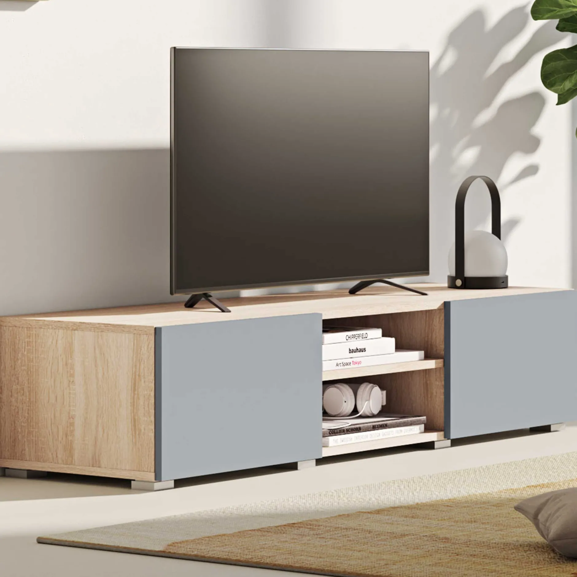 Polka TV-Schrank 140 cm 2 Flügeltüren, 2 offene Fächer - Eiche /Celadon grau