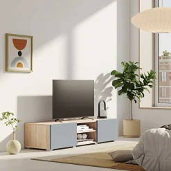 Polka TV-Schrank 140 cm 2 Flügeltüren, 2 offene Fächer - Eiche /Celadon grau
