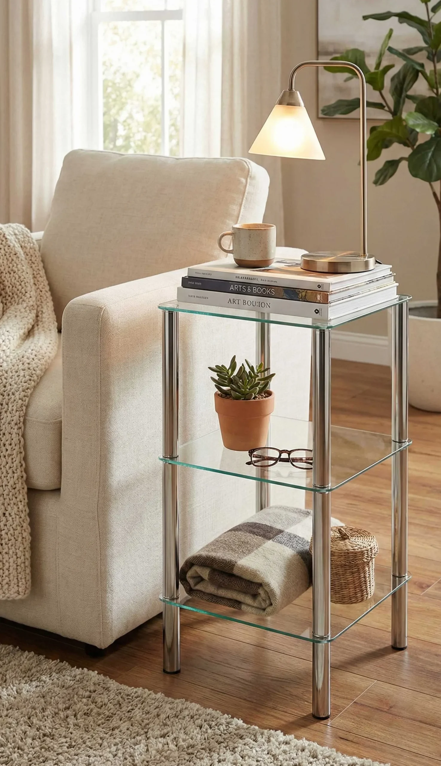 Quadratischer Beistelltisch Bas - 39x39x75 cm - Chromstahl/Sicherheitsglas