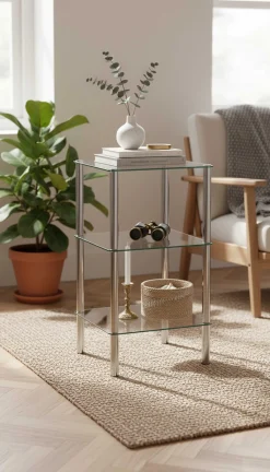 Quadratischer Beistelltisch Bas - 39x39x75 cm - Chromstahl/Sicherheitsglas
