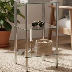 Quadratischer Beistelltisch Bas - 39x39x75 cm - Chromstahl/Sicherheitsglas