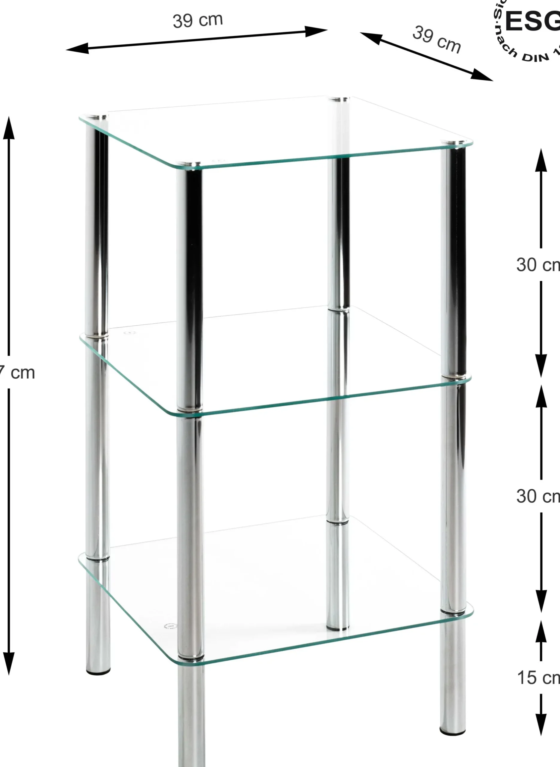 Quadratischer Beistelltisch Bas - 39x39x75 cm - Chromstahl/Sicherheitsglas