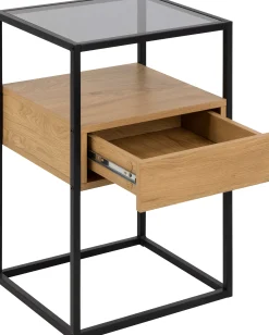 Quadratischer Nachttisch aus roher Eiche, Rauchglas und Stahl