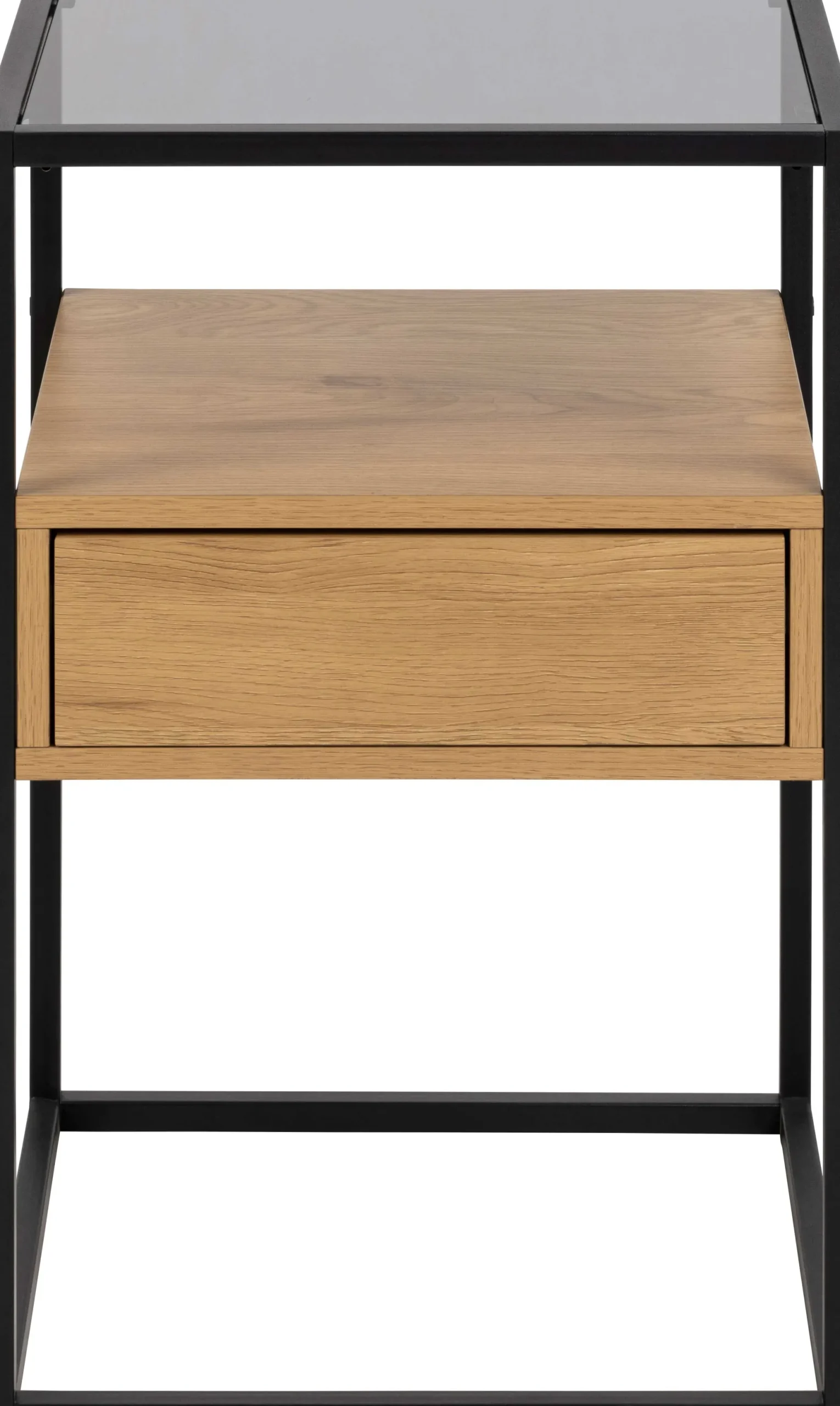 Quadratischer Nachttisch aus roher Eiche, Rauchglas und Stahl