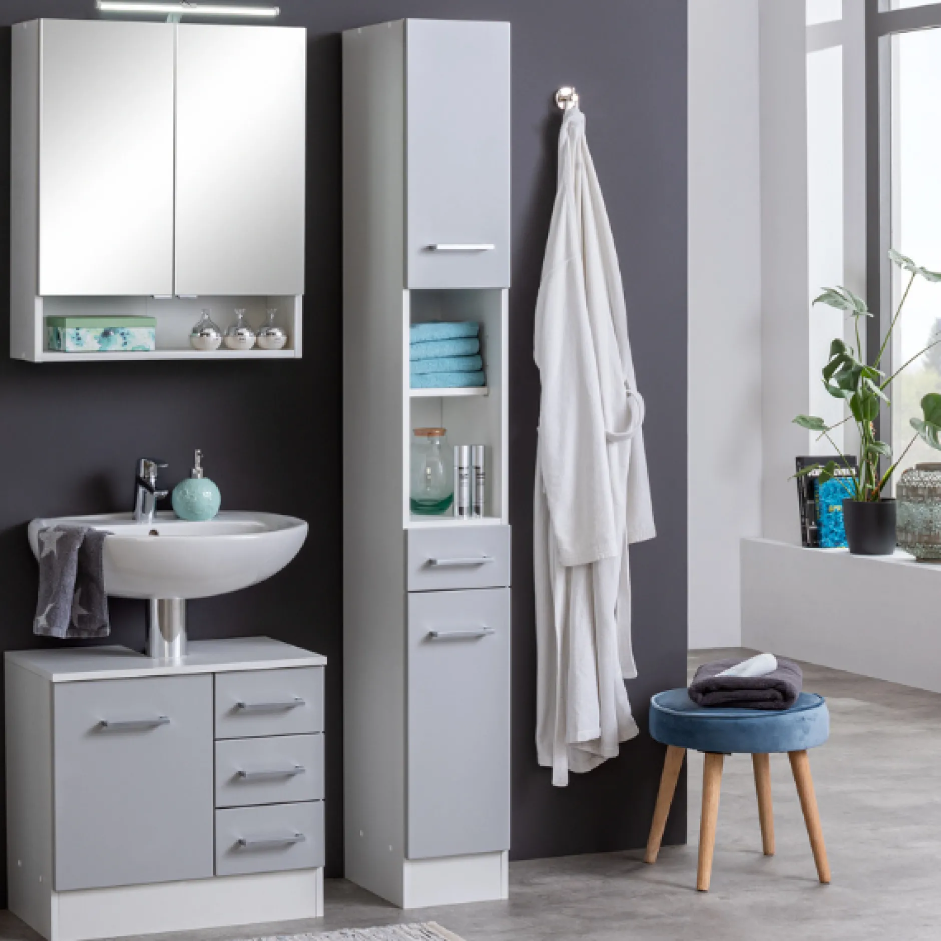RiccaBadezimmer : Spiegelschrank, Waschbeckenunterschrank, Säulenschrank - grau