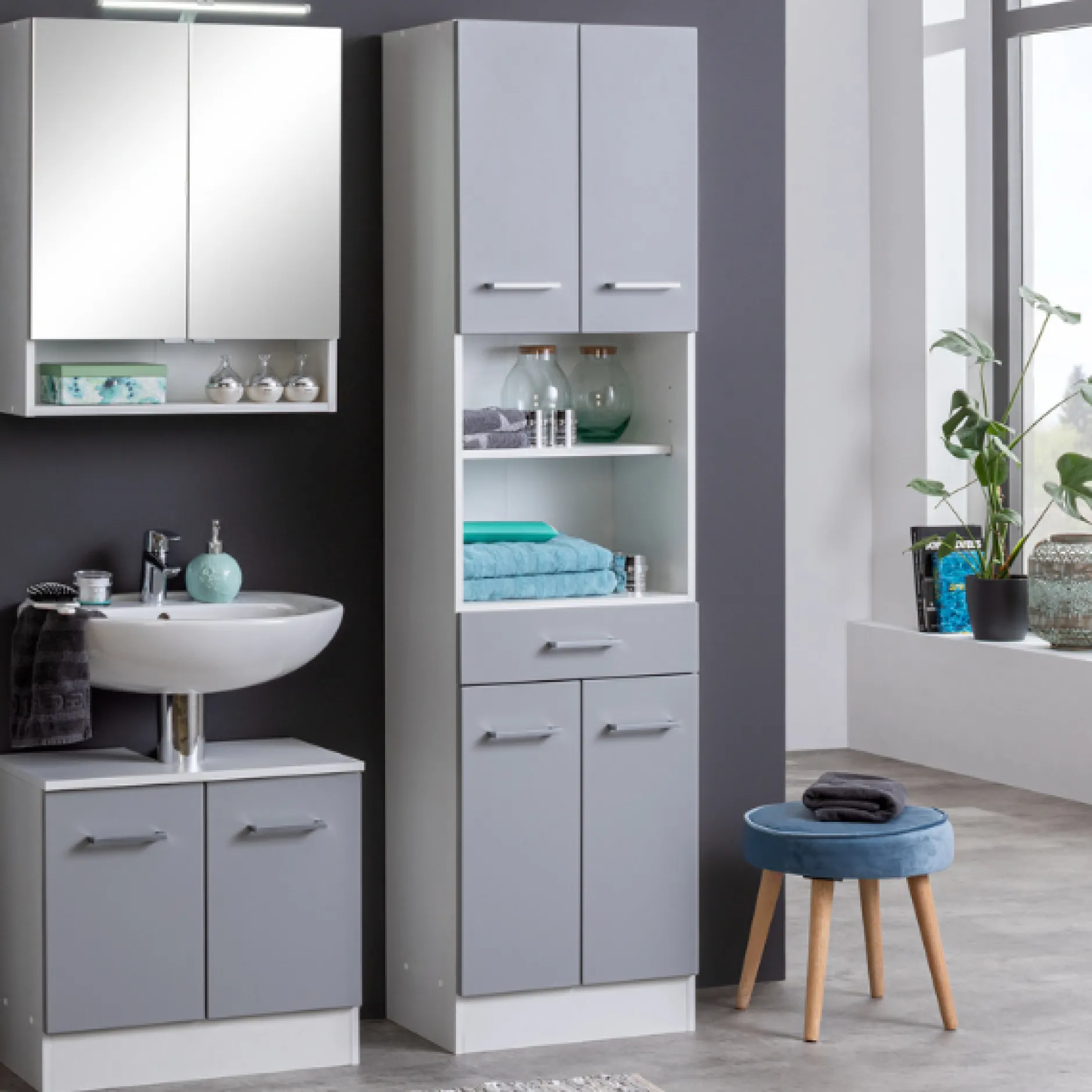 RiccaBadezimmer : Spiegelschrank, Waschbeckenunterschrank, Säulenschrank - grau
