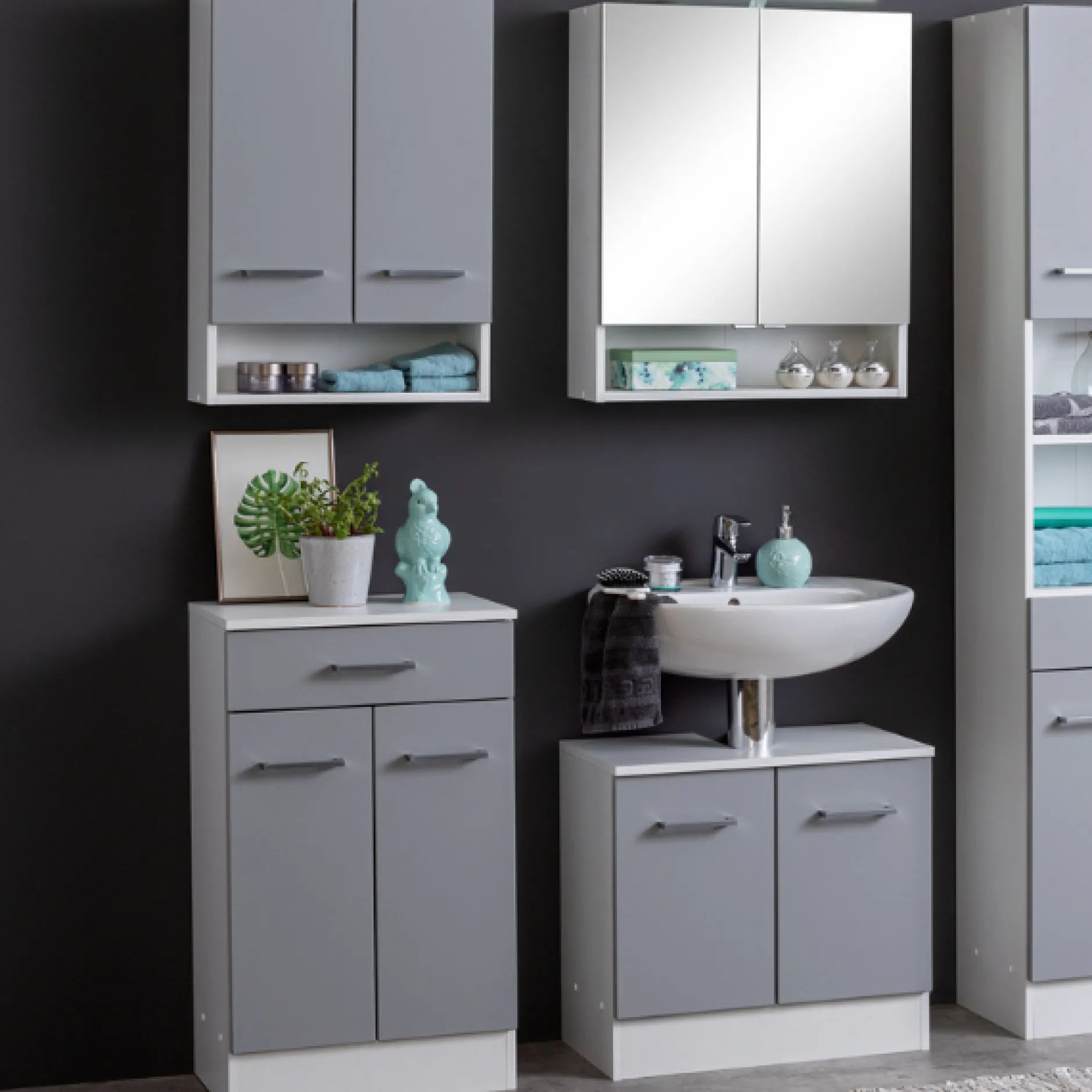 RiccaBadezimmer : Wandschrank, Badezimmerschrank, Spiegelschrank, Waschbeckenunterschrank - grau