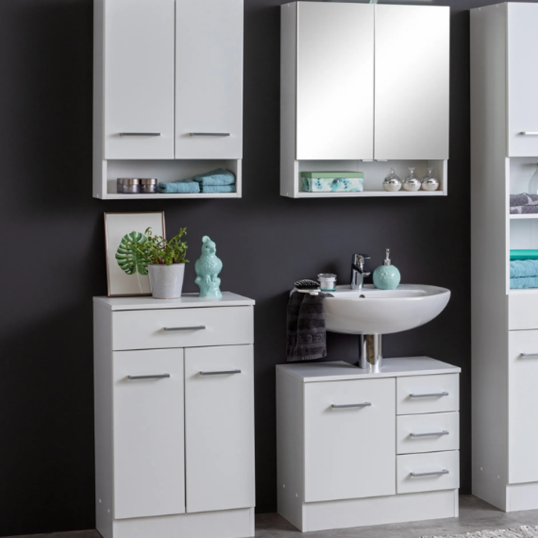 RiccaBadezimmer : Wandschrank, Badezimmerschrank, Spiegelschrank, Waschbeckenunterschrank - weiß
