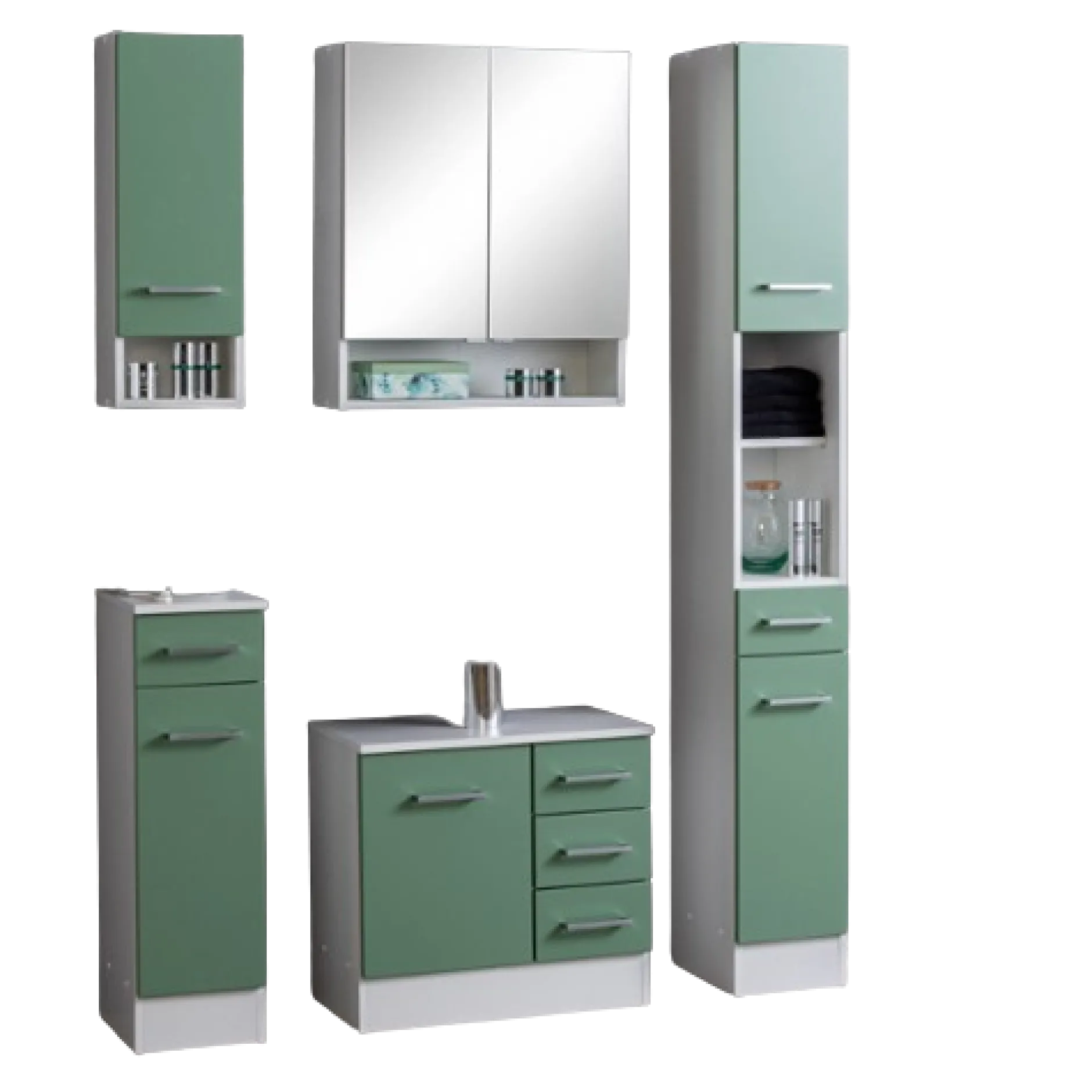 RiccaBadezimmer : Wandschrank, Badezimmerschrank, Spiegelschrank, Waschbeckenunterschrank, Säulenschrank - grün