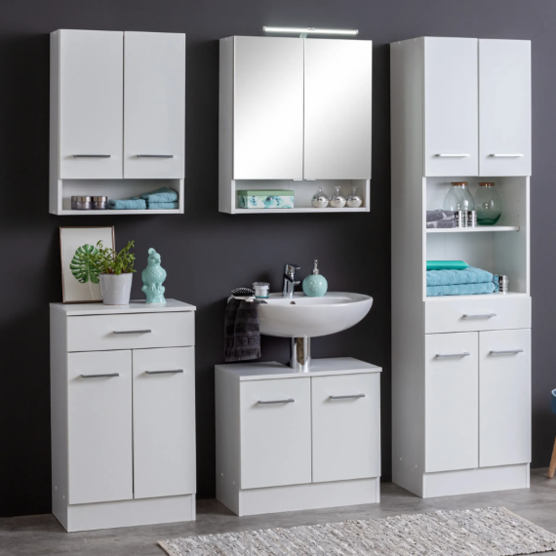 RiccaBadezimmer : Wandschrank, Badezimmerschrank, Spiegelschrank, Waschbeckenunterschrank, Säulenschrank - weiß