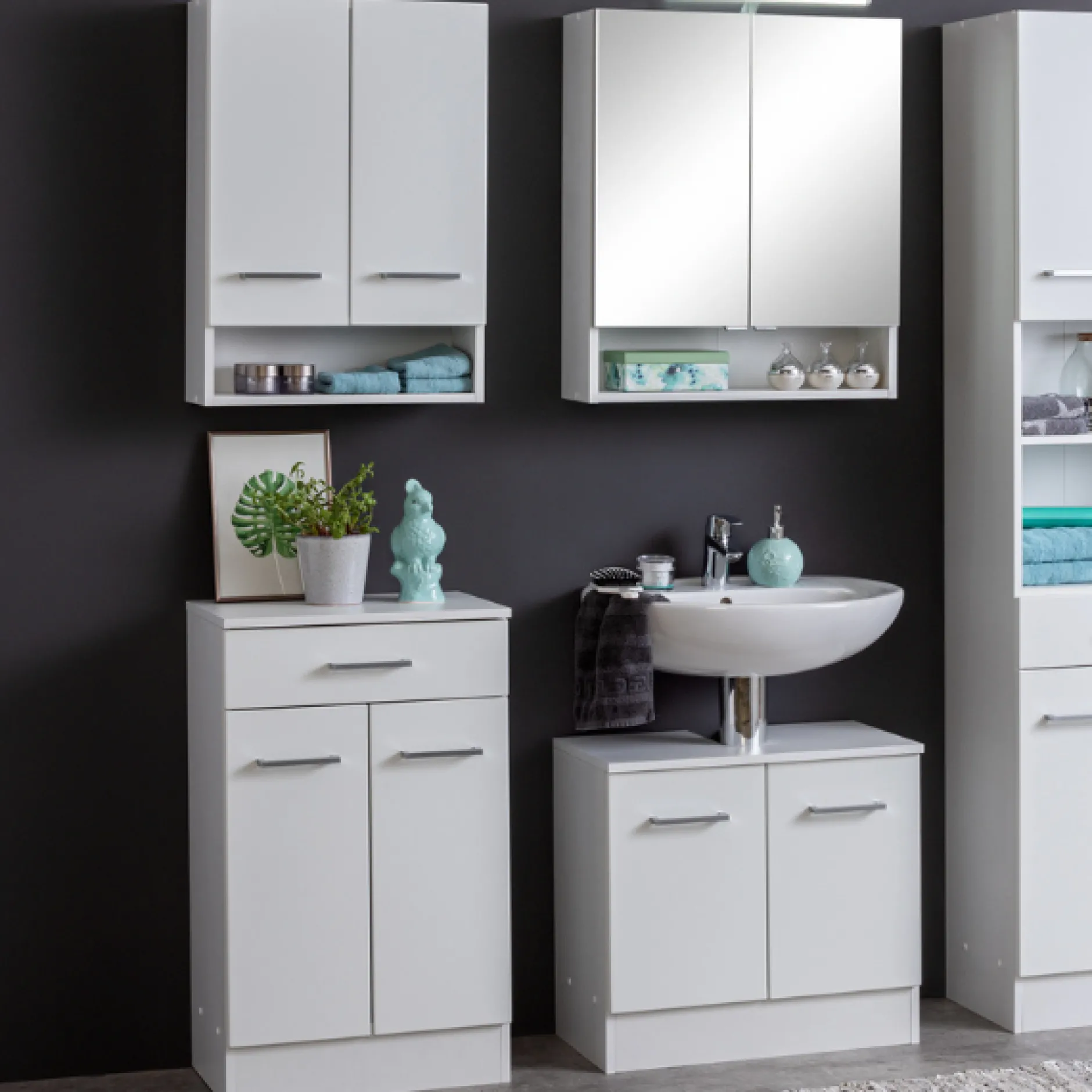 RiccaBadezimmer : Wandschrank, Badezimmerschrank, Spiegelschrank, Waschbeckenunterschrank - weiß
