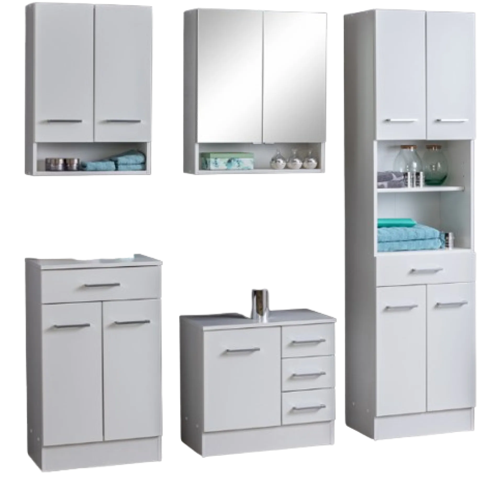 RiccaBadezimmer : Wandschrank, Badezimmerschrank, Spiegelschrank, Waschbeckenunterschrank, Säulenschrank - weiß
