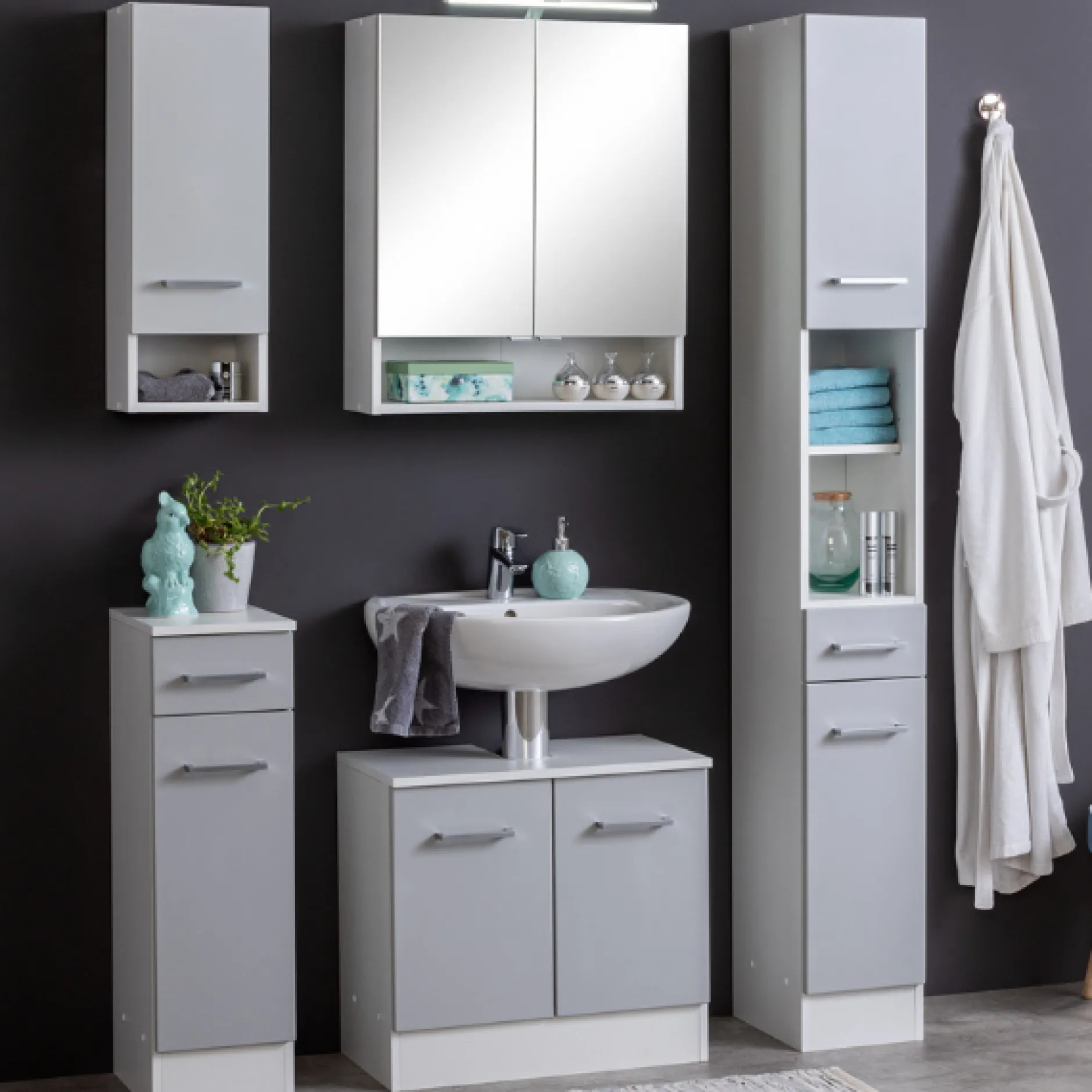 RiccaBadezimmer : Wandschrank, Badezimmerschrank, Spiegelschrank, Waschbeckenunterschrank, Säulenschrank - grau