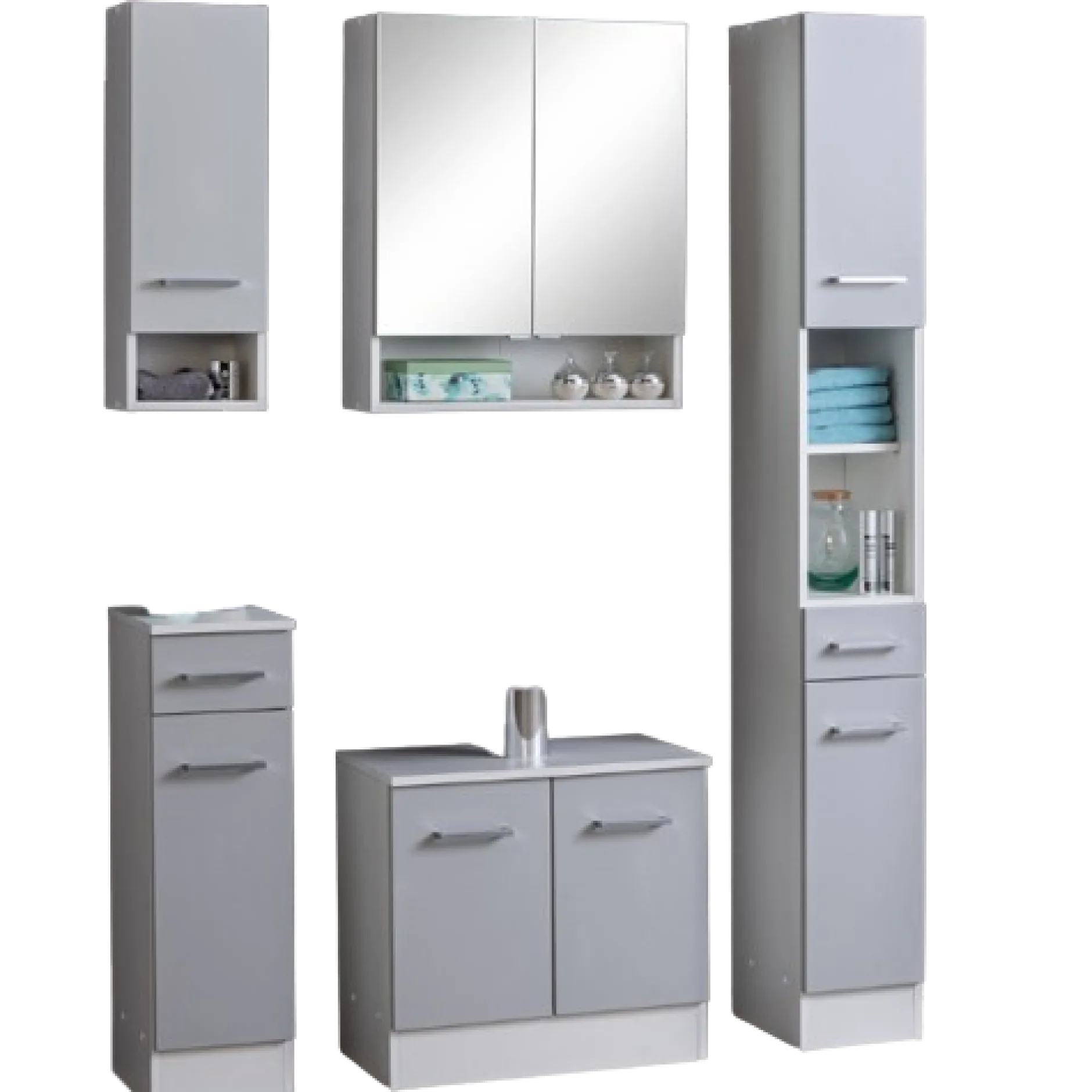 RiccaBadezimmer : Wandschrank, Badezimmerschrank, Spiegelschrank, Waschbeckenunterschrank, Säulenschrank - grau