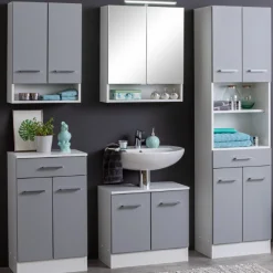 RiccaBadezimmer : Wandschrank, Badezimmerschrank, Spiegelschrank, Waschbeckenunterschrank, Säulenschrank - grau