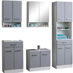RiccaBadezimmer : Wandschrank, Badezimmerschrank, Spiegelschrank, Waschbeckenunterschrank, Säulenschrank - grau