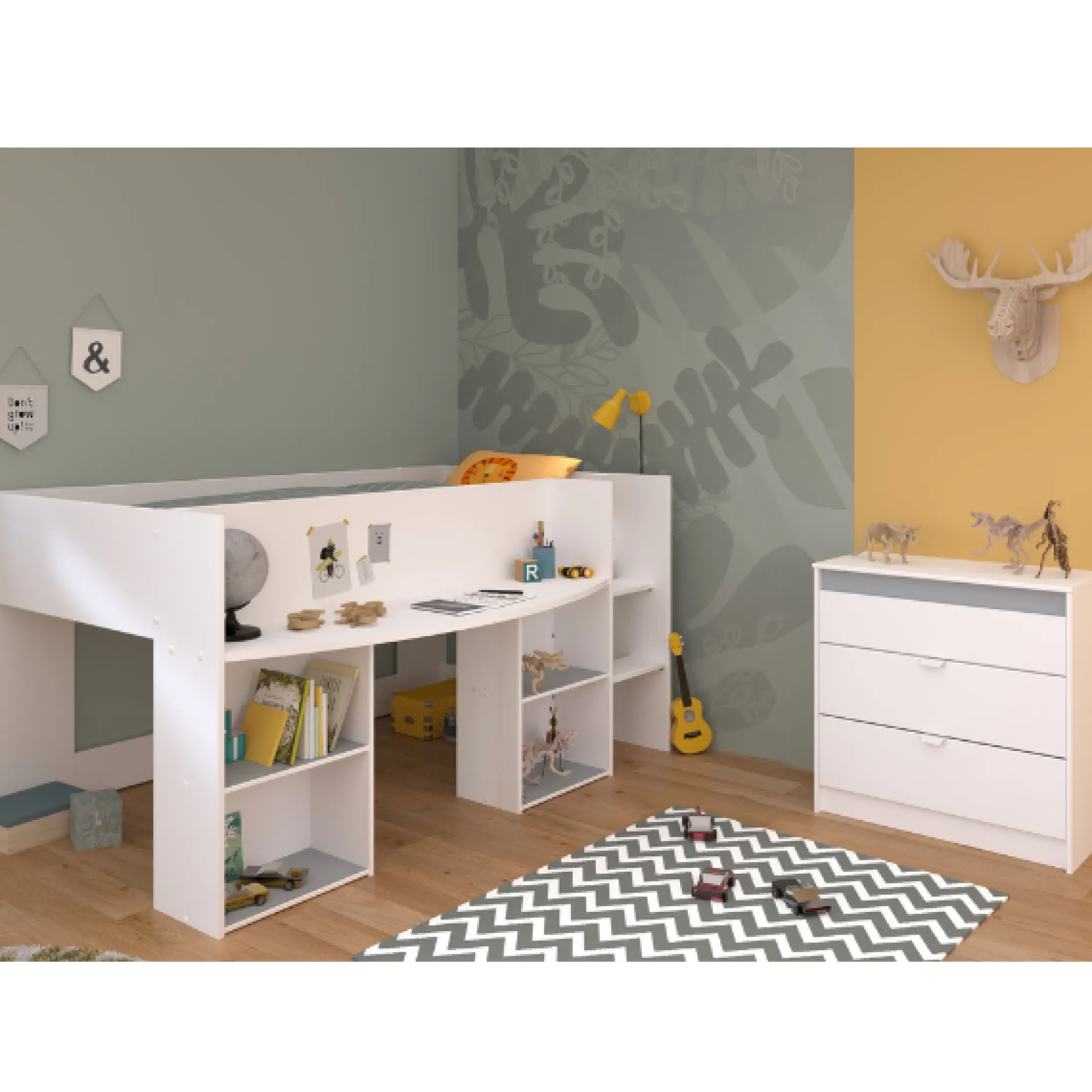 Rue-Schlafzimmer-Set | Halbhohe Schlafcouch und Kommode