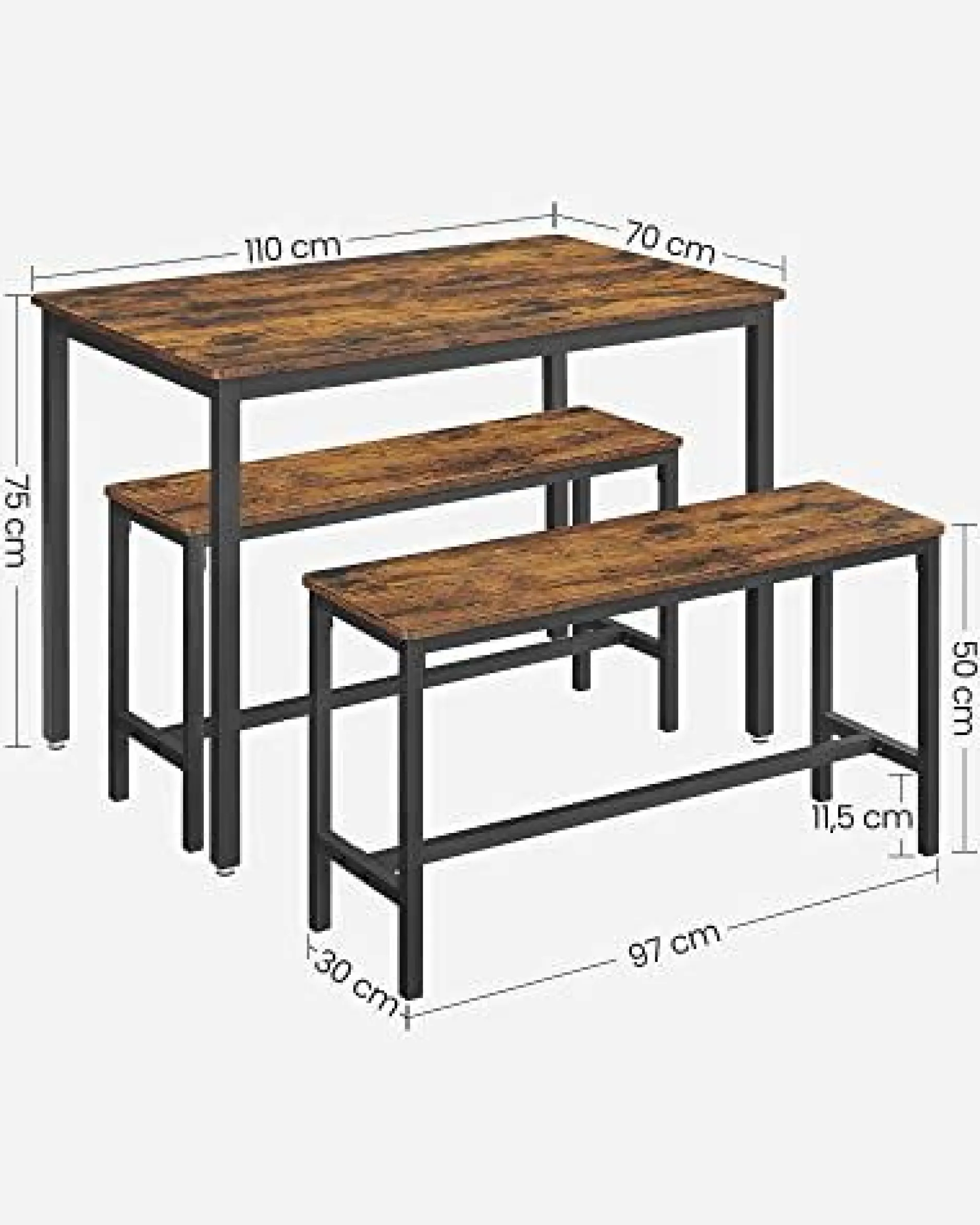 Rustikales 3er-Esszimmer-Set mit Tisch und Bänken Stahlrahmen Industriedesign