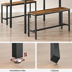 Rustikales 3er-Esszimmer-Set mit Tisch und Bänken Stahlrahmen Industriedesign