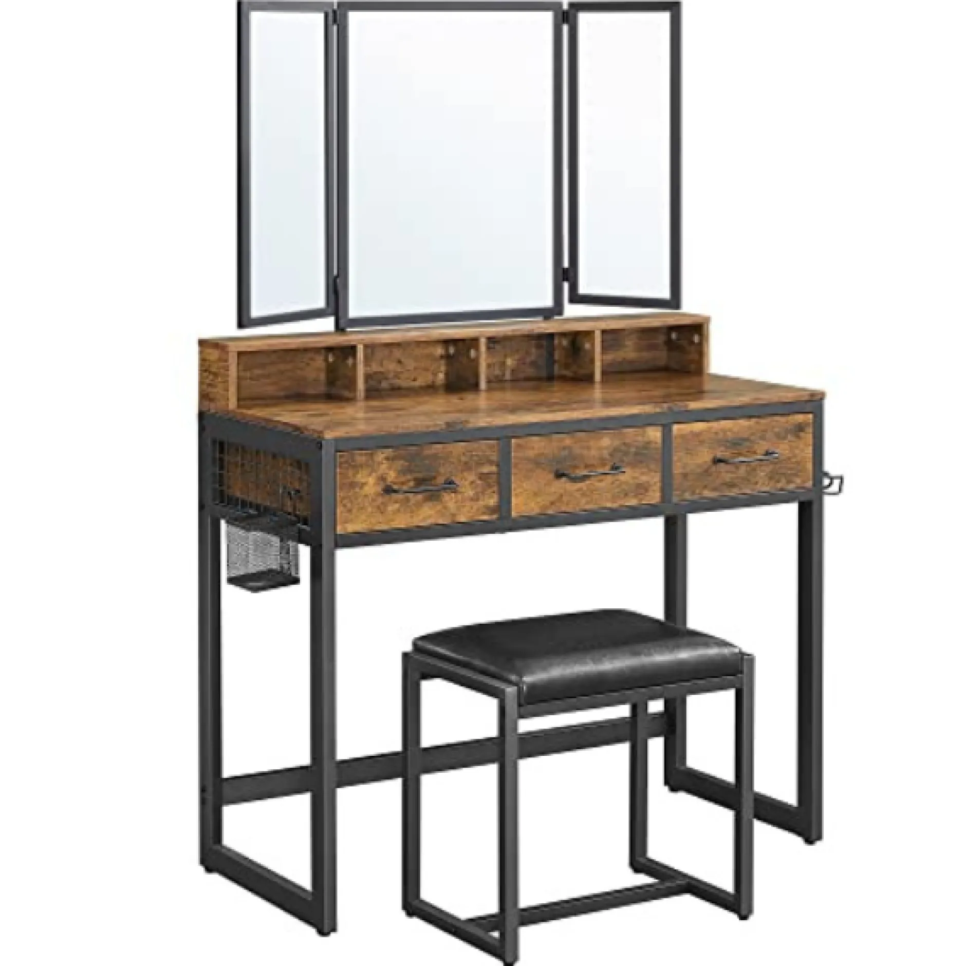 Rustikales Schwarz/Braun Frisiertisch-Set mit Spiegel und Hocker
