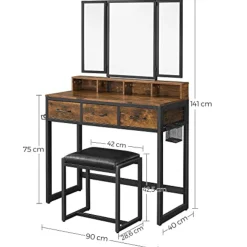 Rustikales Schwarz/Braun Frisiertisch-Set mit Spiegel und Hocker
