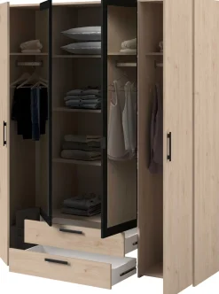 Salvador Kleiderschrank mit Spiegel, 4 Türen und 2 Schubladen - jackson oak/schwarz