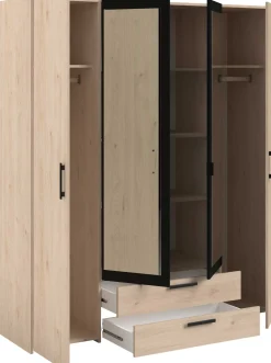 Salvador Kleiderschrank mit Spiegel, 4 Türen und 2 Schubladen - jackson oak/schwarz