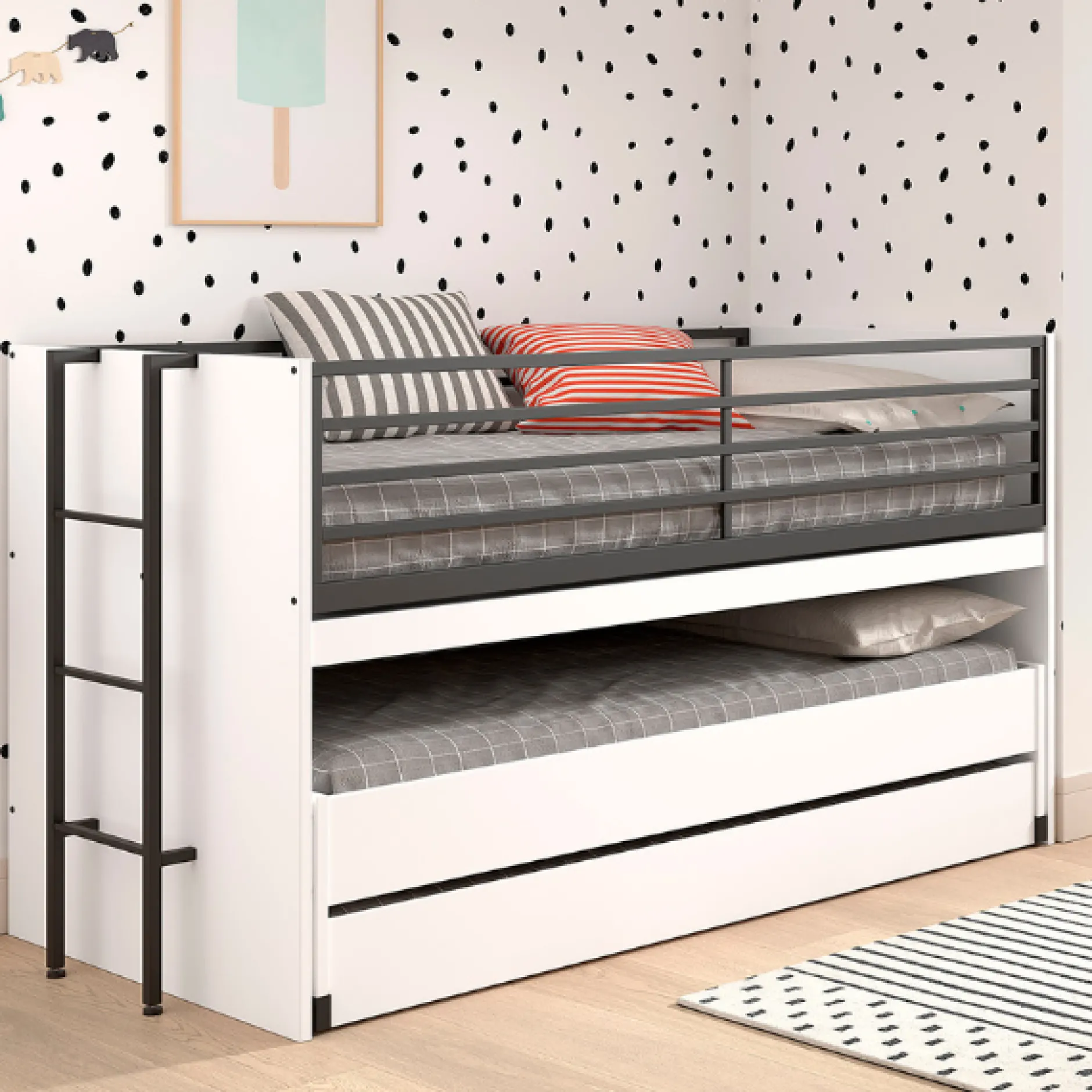 Sammie Halbhochbett 90x200cm mit 2 Betten, Bettkasten und Schreibtisch - weiß