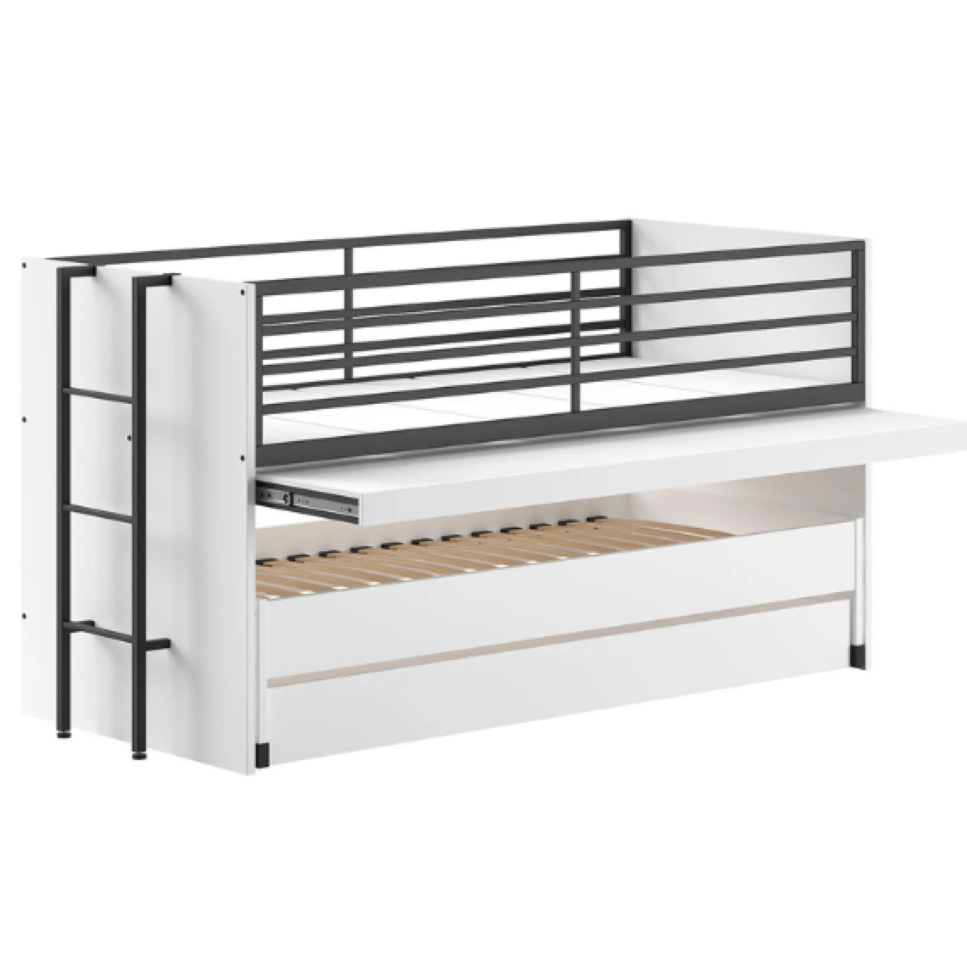 Sammie Halbhochbett 90x200cm mit 2 Betten, Bettkasten und Schreibtisch - weiß