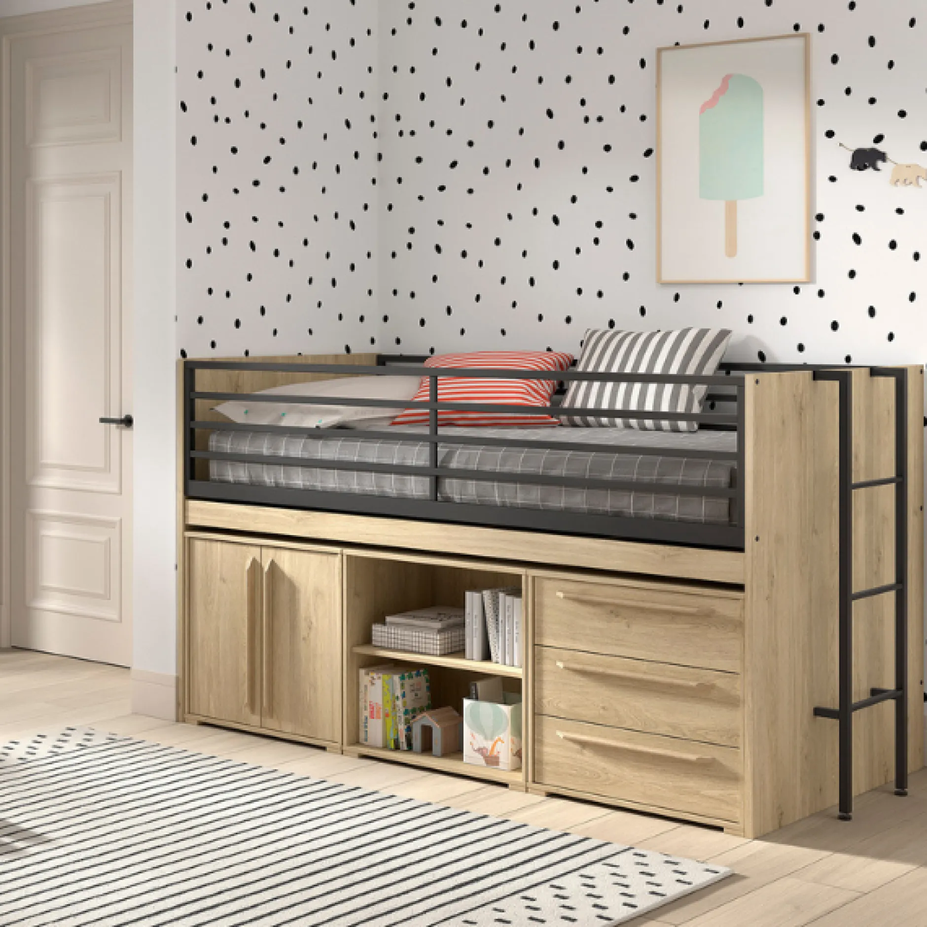Sammie Halbhochbett 90x200cm - mit Schreibtisch und Stauraum - Eiche Dekor