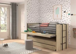 Sammie Halbhohes Bett 90x200cm mit 2 Betten, Bettkasten und Schreibtisch - Eichendekor