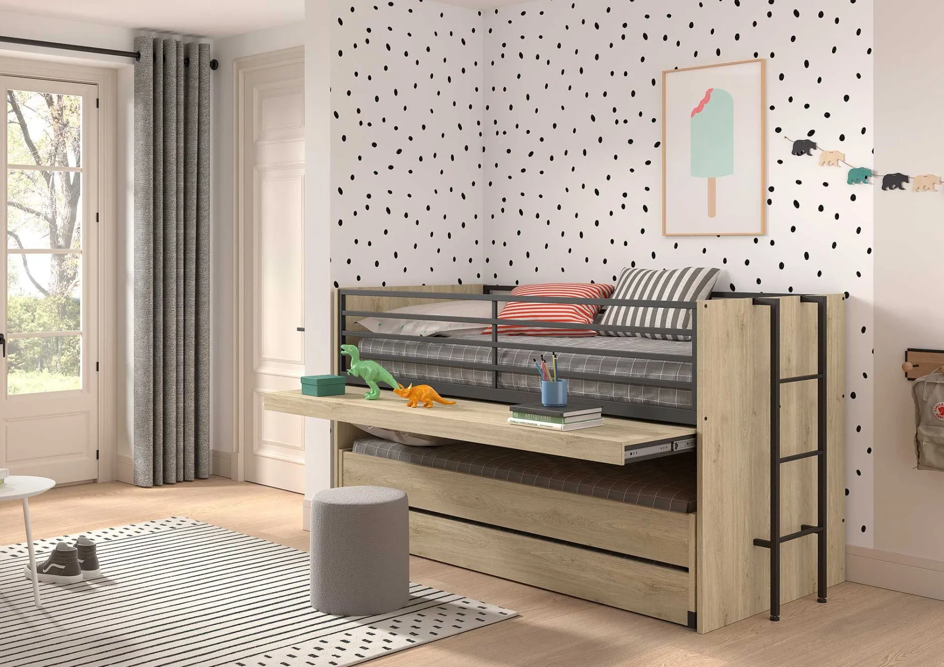 Sammie Halbhohes Bett 90x200cm mit 2 Betten, Bettkasten und Schreibtisch - Eichendekor