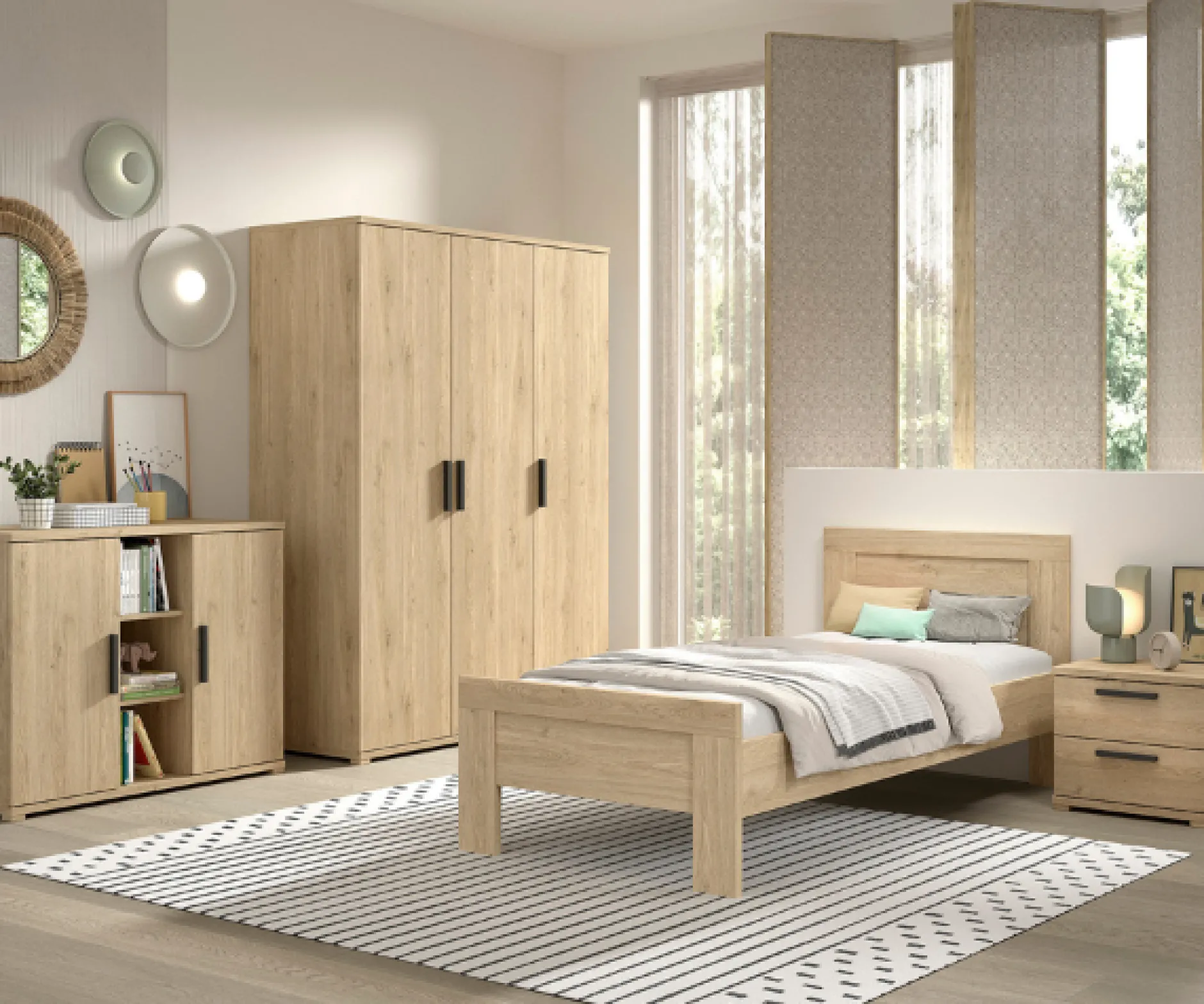 SammieJugendzimmer : Bett 90x200cm, Nachttisch, Kleiderschrank, Kommode - Eichendekor