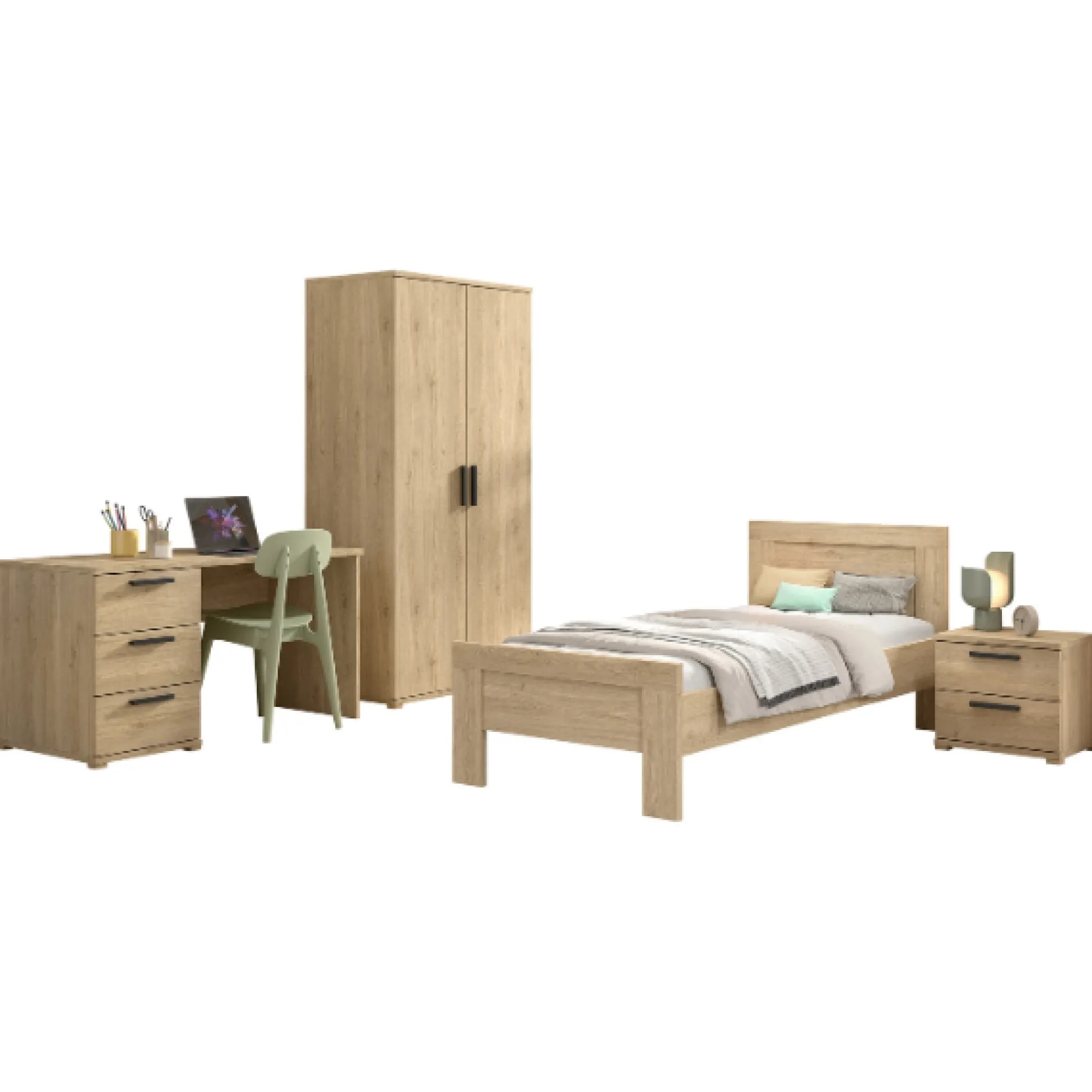 SammieJugendzimmer : Bett 90x200cm, Nachttisch, Kleiderschrank, Schreibtisch - Eichendekor