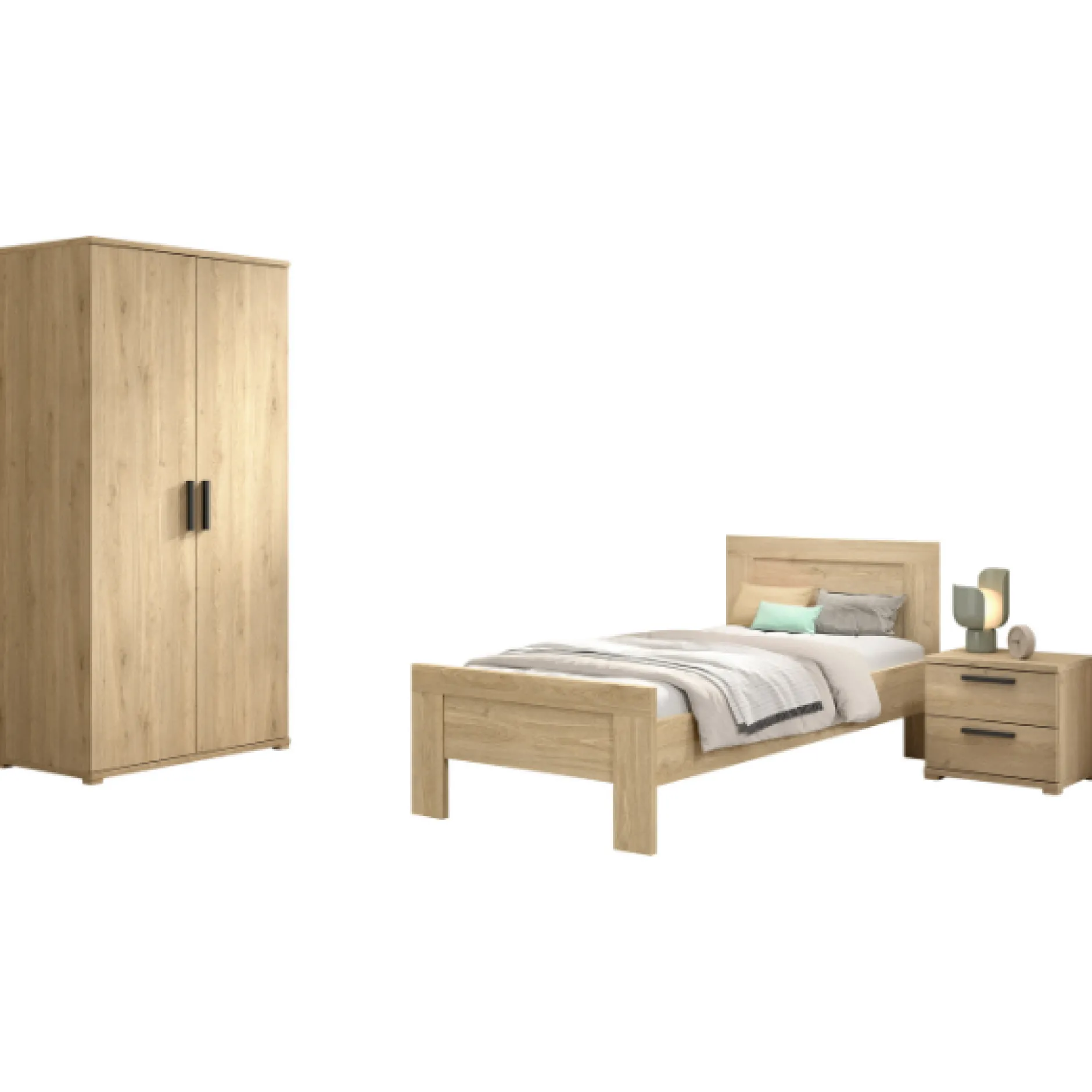 SammieJugendzimmer : Bett 90x200cm, Nachttisch, Kleiderschrank - Eiche Dekor