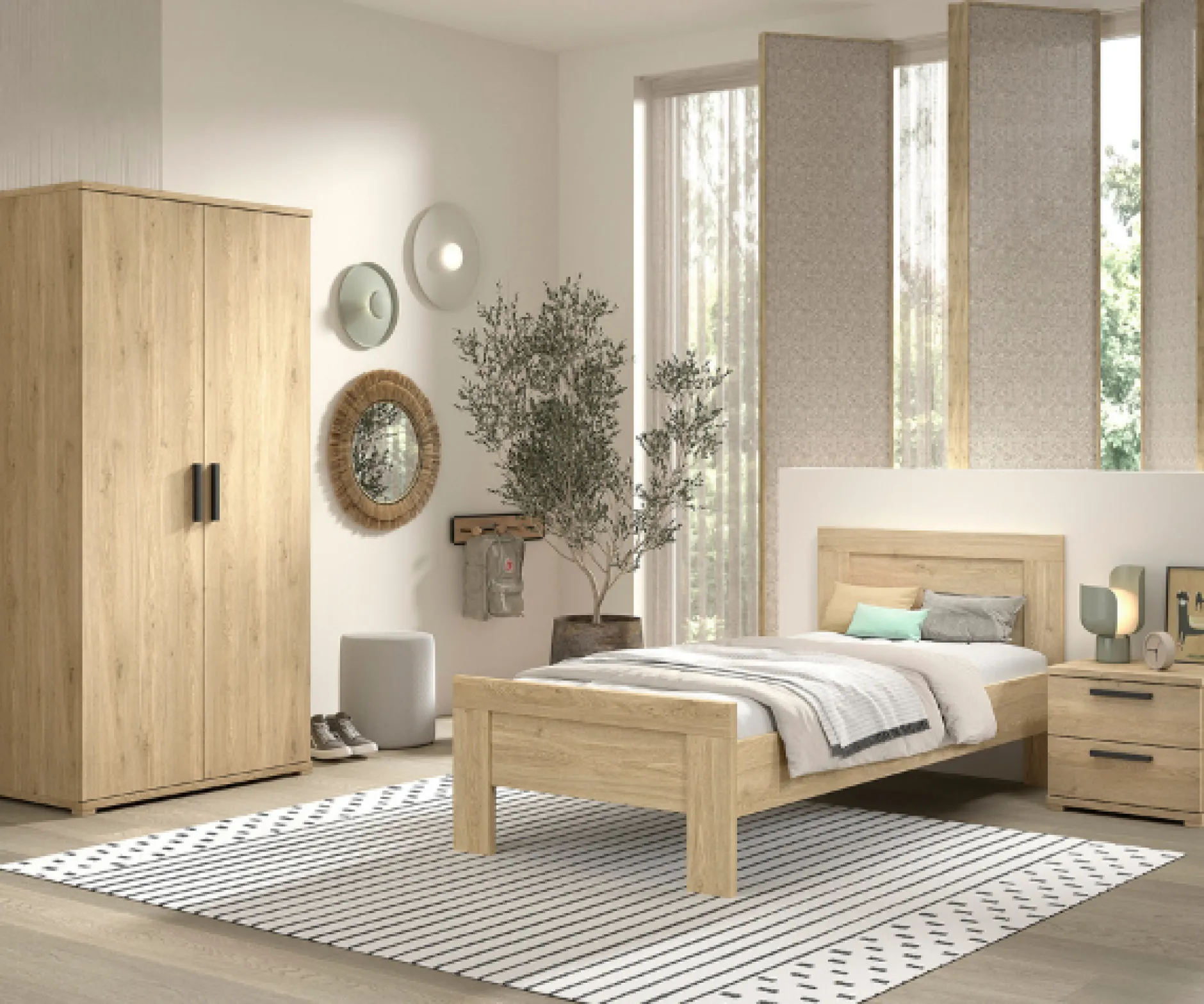 SammieJugendzimmer : Bett 90x200cm, Nachttisch, Kleiderschrank - Eiche Dekor