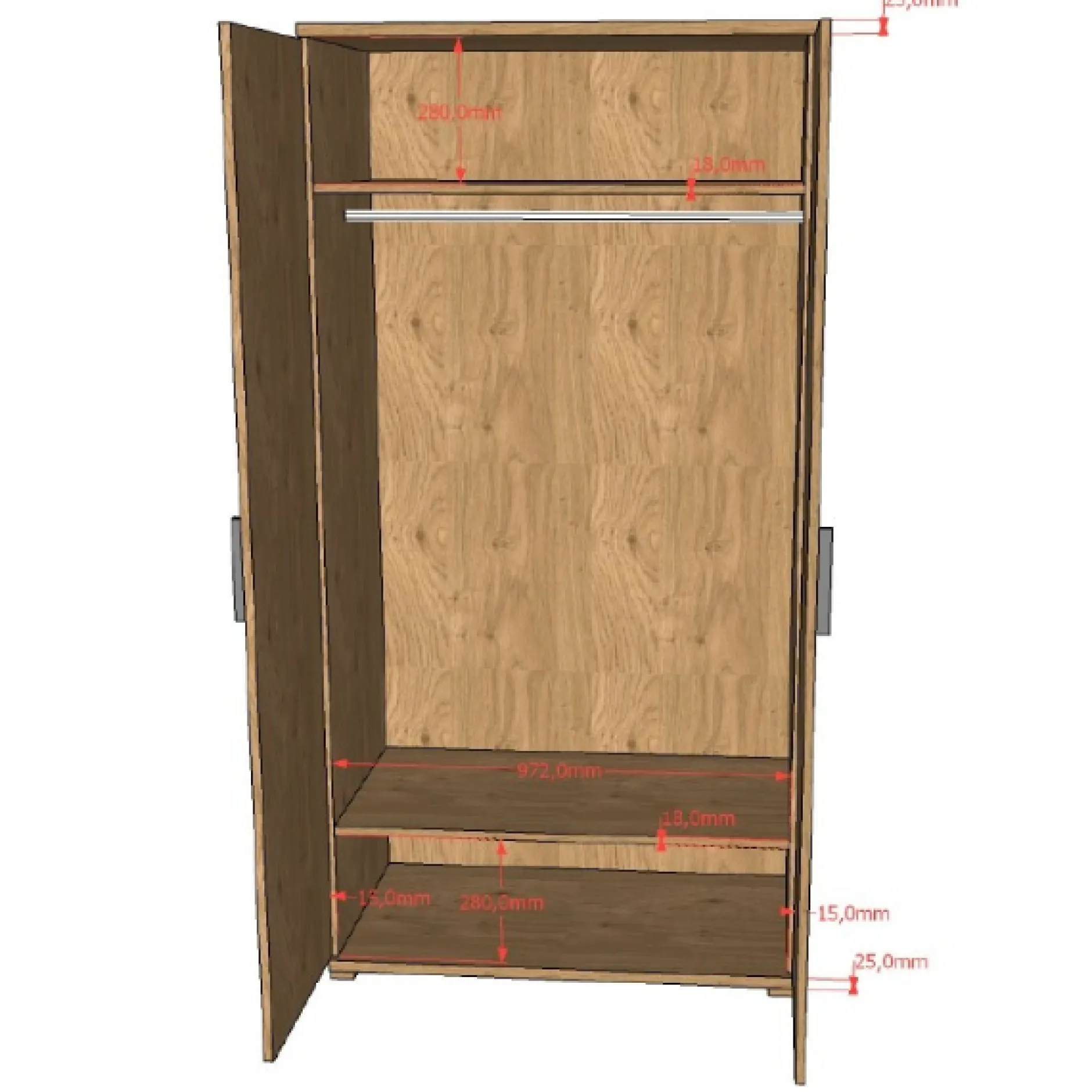 SammieJugendzimmer : Bett 90x200cm, Nachttisch, Kleiderschrank - Eiche Dekor
