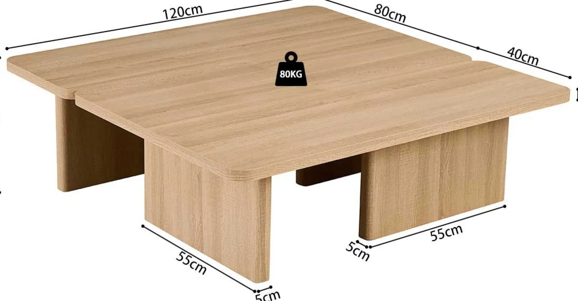 Satz von 2 Couchtischen Arallo - 120x120x38cm - Eiche Dekor