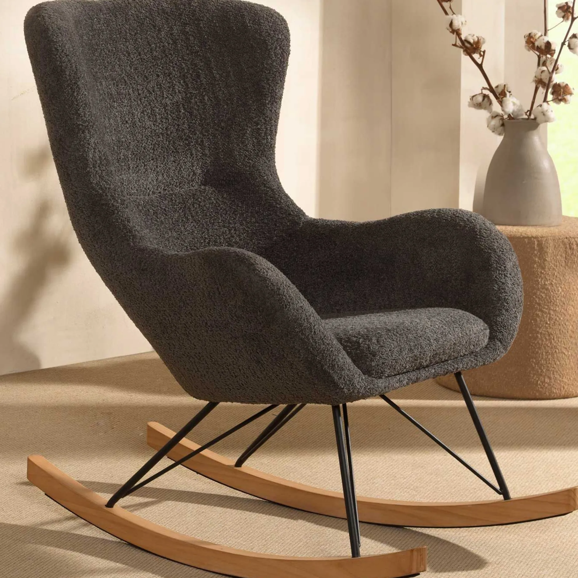 Schaukelstuhl Rocky - 96x75x101 cm - Bouclé/anthrazit